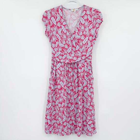 Boden Lola Jersey Dress Red Blue Leaf Print V-Neck Ruched Pockets Womens Size 2P - Picture 3 of 12